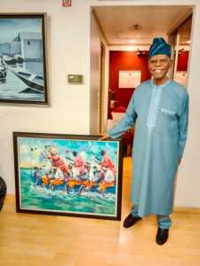 Echoes of the Delta painting by prize-winning artist Lenri Preks Prekebena, presented to respected businessman and cultural enthusiast Goody Ibru by his longtime friend and associate Larry Segun-Lean of the Lagos Chamber of Commerce. Picture of Chief Goody Ibru. Goody Ibru clocked 84 on Monday. Photo courtesy Dr. Mudiare Onobrakpeya